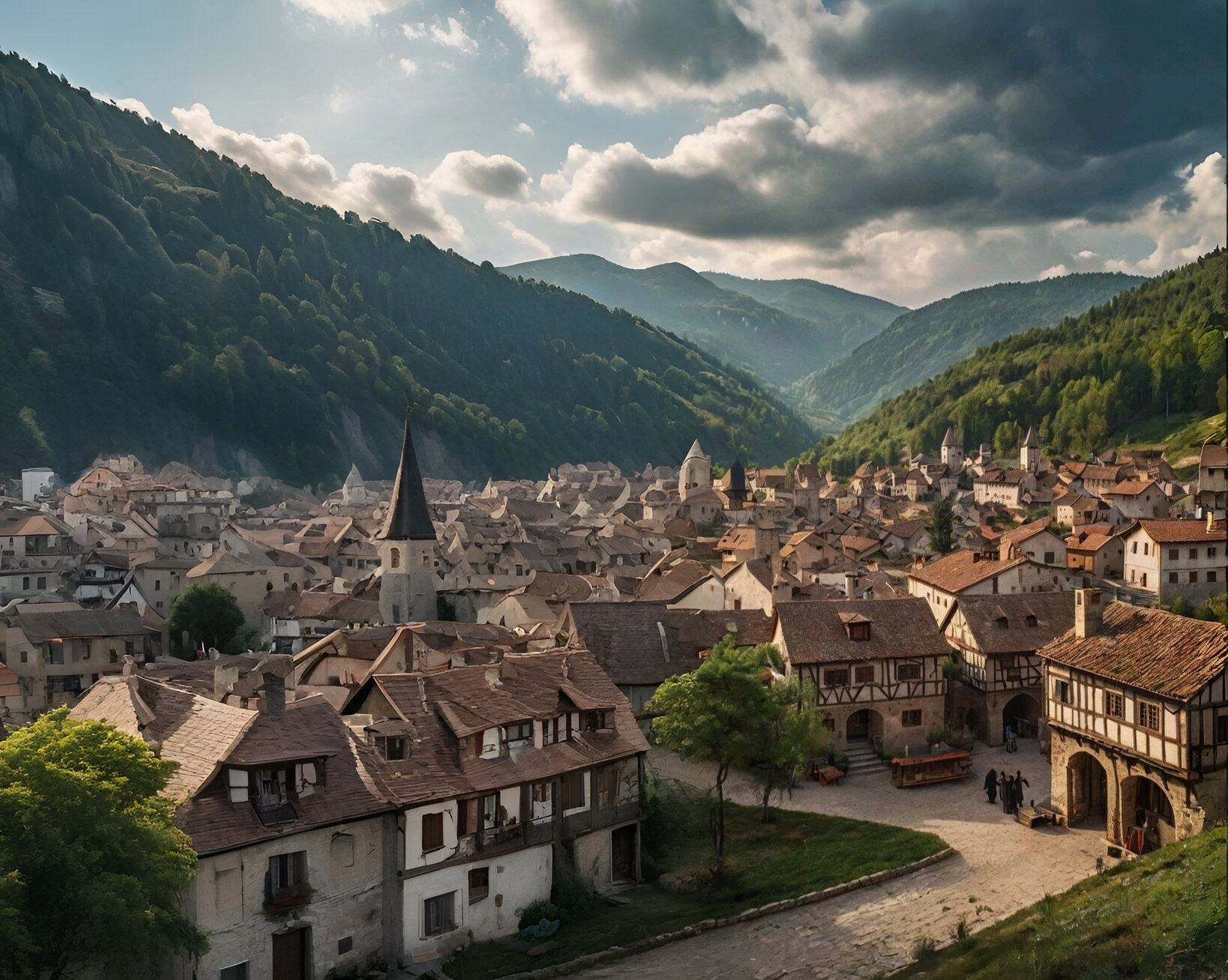 Scenic mountain village with traditional architecture