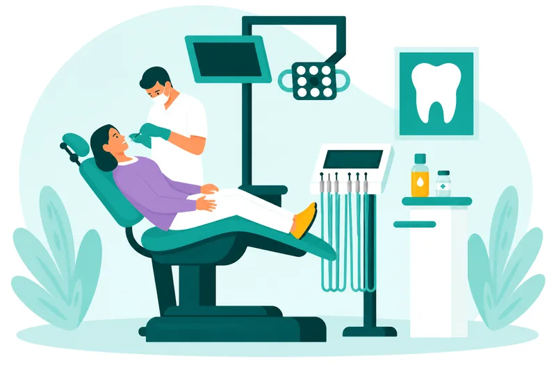 Illustration of a dentist examining a patient in a dental clinic