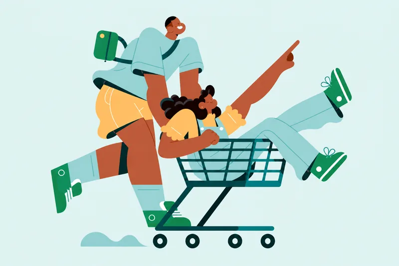 Illustration of a parent pushing a child in a shopping cart