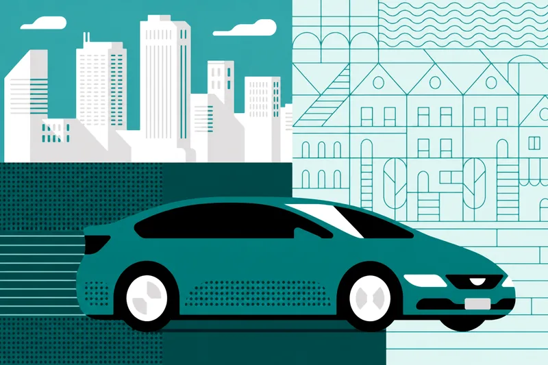 Illustration of a car with city and neighborhood scenes
