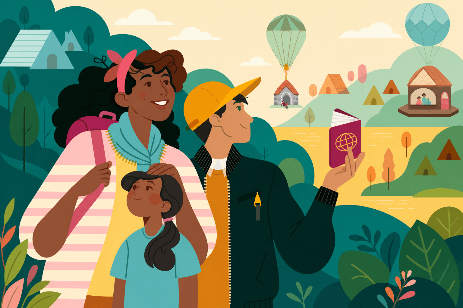 Illustration of a family looking toward a hopeful landscape of homes and community